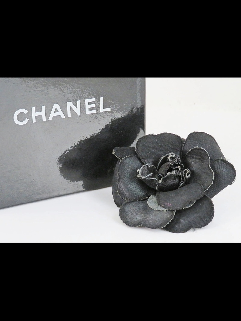 CHANEL Black Camellia Fabric Flower Pin